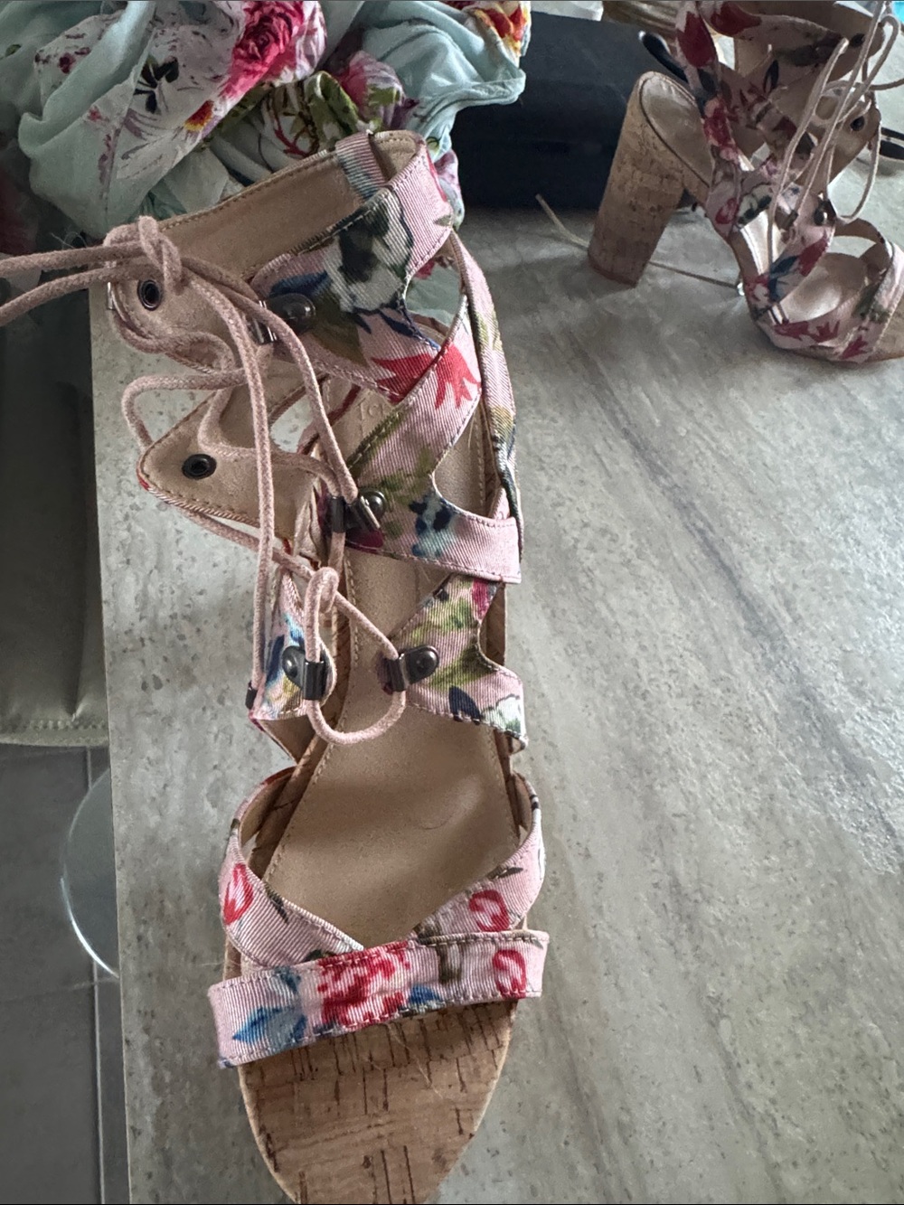 Floral Lace-Up Pink Cork Block Heel Sandals